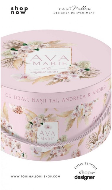 Cutie de botez trusou rotunda design pampass grass in gold alb si roz 2